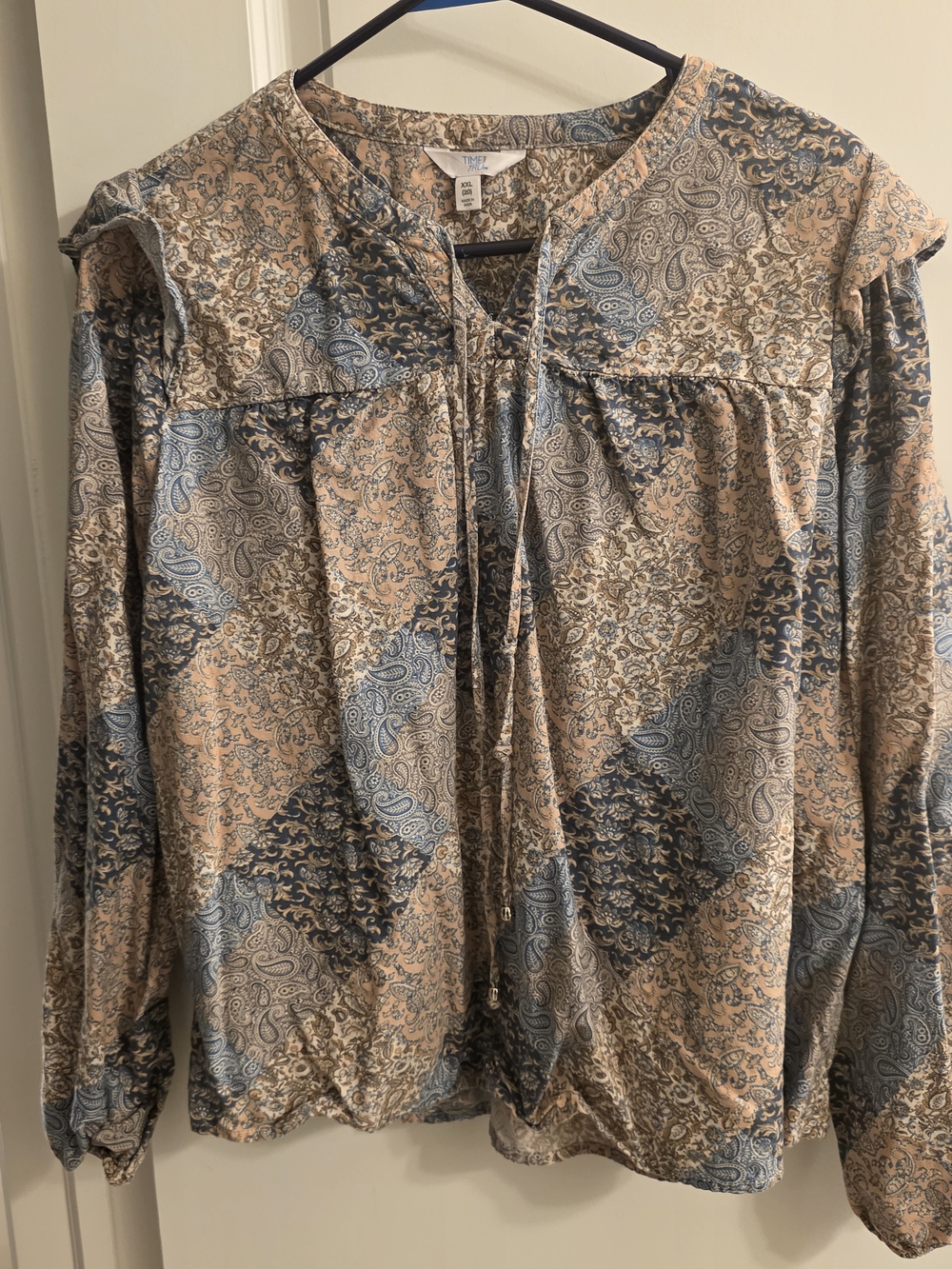 Time and Tru Beige and Blue Paisley Tie-Front Blouse